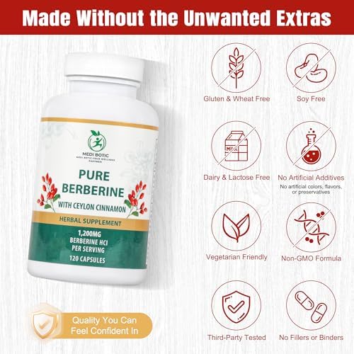 Berberina con Canela de Ceilán, 1200mg Cápsulas de Berberina HCl para Energía, Metabolismo Normal y Soporte Inmunológico, Sin OGM y Sin Gluten (120 - imagen 4