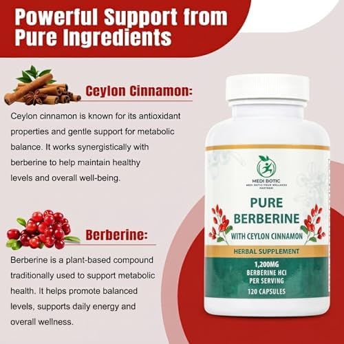 Berberina con Canela de Ceilán, 1200mg Cápsulas de Berberina HCl para Energía, Metabolismo Normal y Soporte Inmunológico, Sin OGM y Sin Gluten (120 - imagen 5