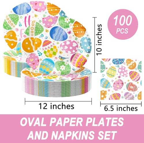 Juego de 100 Platos de Papel Ovalados y Servilletas SUIGREOY para Pascua, Platos Desechables Grandes de 10 x 12 y Servilletas de 6.5'' - imagen 2