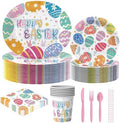 Juego de Vajilla Desechable Olentit de 200 Piezas para Pascua, Platos y Servilletas con Diseño de Huevos de Pascua, Incluye Vasos, Cucharas, - imagen 1