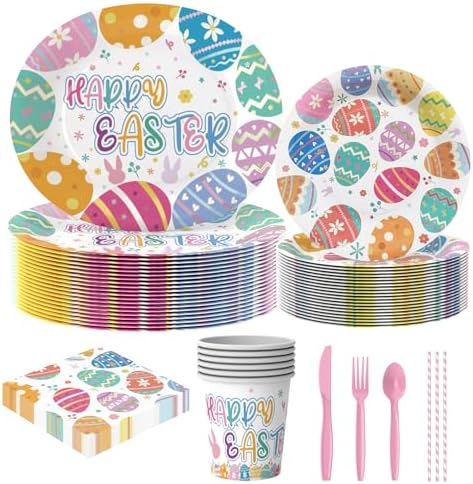 Juego de Vajilla Desechable Olentit de 200 Piezas para Pascua, Platos y Servilletas con Diseño de Huevos de Pascua, Incluye Vasos, Cucharas, - imagen 1
