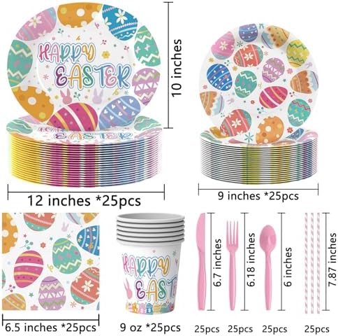 Juego de Vajilla Desechable Olentit de 200 Piezas para Pascua, Platos y Servilletas con Diseño de Huevos de Pascua, Incluye Vasos, Cucharas, - imagen 2