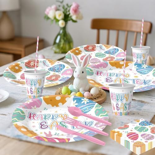 Juego de Vajilla Desechable Olentit de 200 Piezas para Pascua, Platos y Servilletas con Diseño de Huevos de Pascua, Incluye Vasos, Cucharas, - imagen 3