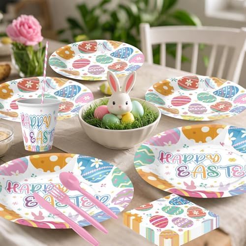 Juego de Vajilla Desechable Olentit de 200 Piezas para Pascua, Platos y Servilletas con Diseño de Huevos de Pascua, Incluye Vasos, Cucharas, - imagen 4