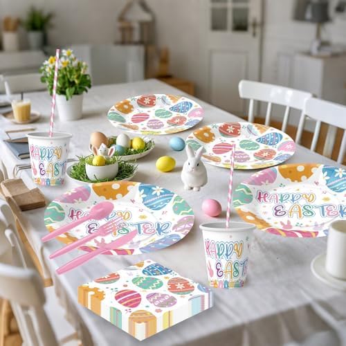 Juego de Vajilla Desechable Olentit de 200 Piezas para Pascua, Platos y Servilletas con Diseño de Huevos de Pascua, Incluye Vasos, Cucharas, - imagen 5