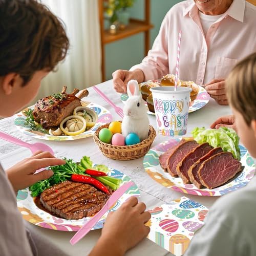 Juego de Vajilla Desechable Olentit de 200 Piezas para Pascua, Platos y Servilletas con Diseño de Huevos de Pascua, Incluye Vasos, Cucharas, - imagen 7