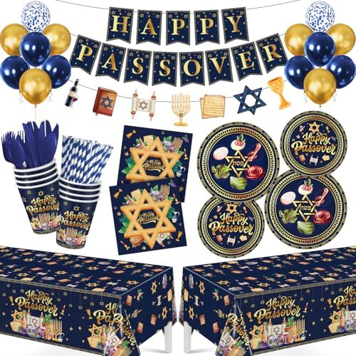 Juego de Decoraciones y Utensilios para Pascua, 209 Pzs, Incluye Manteles, Servilletas y Banner para 24 Invitados, Platos Desechables para Seder - imagen 1