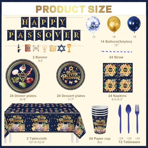 Juego de Decoraciones y Utensilios para Pascua, 209 Pzs, Incluye Manteles, Servilletas y Banner para 24 Invitados, Platos Desechables para Seder - imagen 3