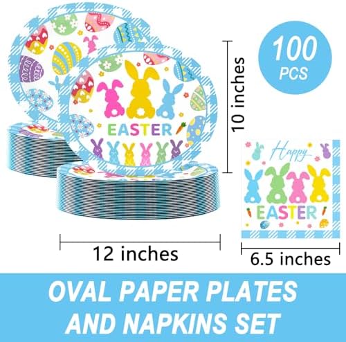 Juego de 100 Platos de Papel Ovalados y Servilletas SUIGREOY para Pascua, Platos Desechables Grandes de 10 x 12 para Fiestas - imagen 2