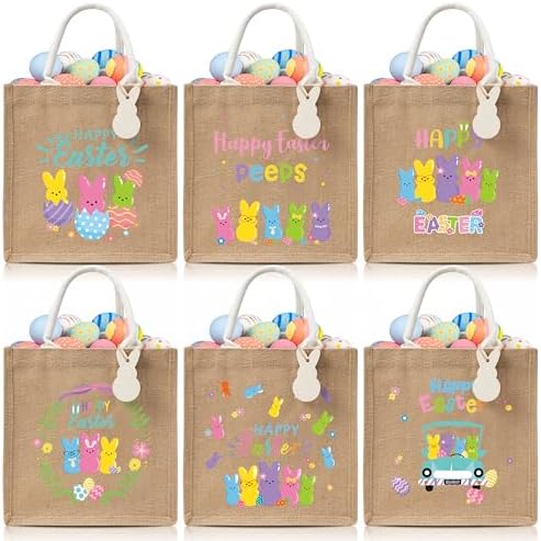 CJiangpo 6 Piezas de Bolsas de Regalo de Yute Reutilizables para Pascua, Tote Grande para Búsqueda de Huevos con Conejo de Madera, Canastas de Dulces - imagen 1