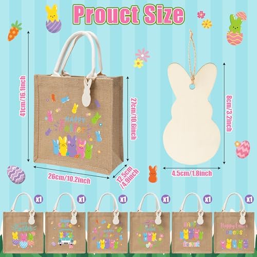 CJiangpo 6 Piezas de Bolsas de Regalo de Yute Reutilizables para Pascua, Tote Grande para Búsqueda de Huevos con Conejo de Madera, Canastas de Dulces - imagen 2