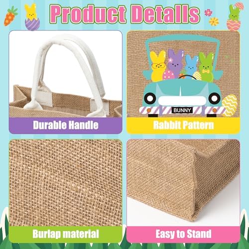 CJiangpo 6 Piezas de Bolsas de Regalo de Yute Reutilizables para Pascua, Tote Grande para Búsqueda de Huevos con Conejo de Madera, Canastas de Dulces - imagen 3