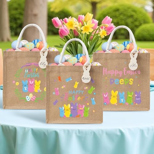 CJiangpo 6 Piezas de Bolsas de Regalo de Yute Reutilizables para Pascua, Tote Grande para Búsqueda de Huevos con Conejo de Madera, Canastas de Dulces - imagen 4