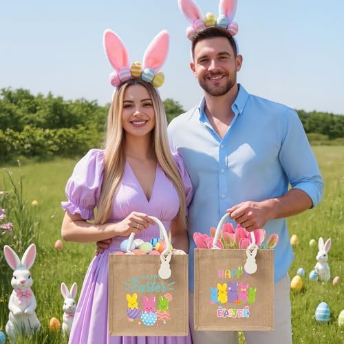 CJiangpo 6 Piezas de Bolsas de Regalo de Yute Reutilizables para Pascua, Tote Grande para Búsqueda de Huevos con Conejo de Madera, Canastas de Dulces - imagen 5