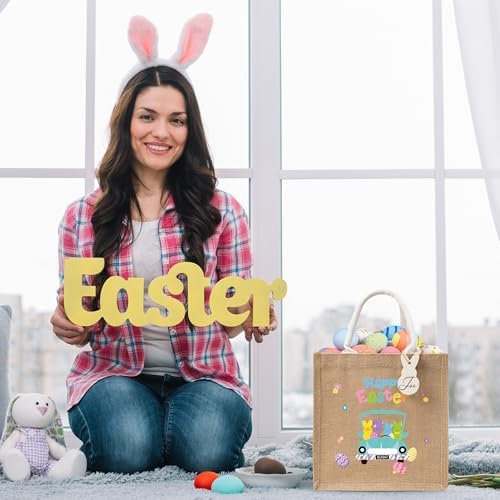 CJiangpo 6 Piezas de Bolsas de Regalo de Yute Reutilizables para Pascua, Tote Grande para Búsqueda de Huevos con Conejo de Madera, Canastas de Dulces - imagen 6