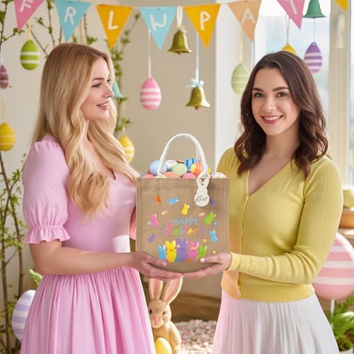 CJiangpo 6 Piezas de Bolsas de Regalo de Yute Reutilizables para Pascua, Tote Grande para Búsqueda de Huevos con Conejo de Madera, Canastas de Dulces - imagen 7