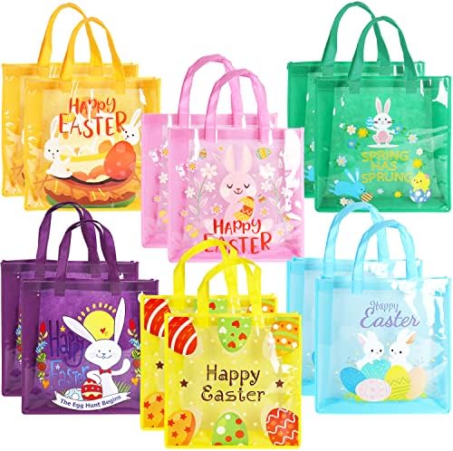 Bolsas de Regalo para Caza de Huevos de Pascua 12PCS con Manijas, Conejo de Pascua, Zanahoria y Pollito, 13 × 13 × 4 - imagen 1