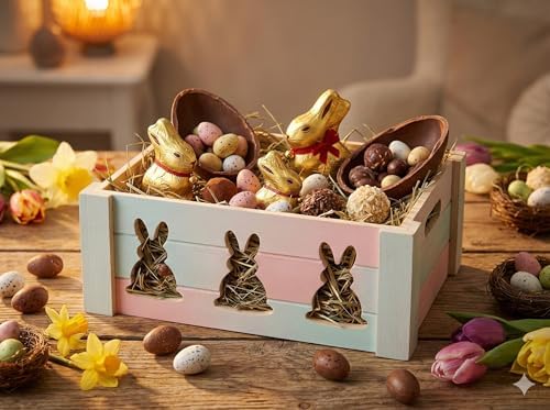 Kit de Cesta de Regalo Khevga Bunny – Caja de Madera Rústica con Envoltura, Moño y Relleno – Cesta Personalizable para Baby Shower, Cumpleaños y - imagen 5