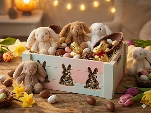 Kit de Cesta de Regalo Khevga Bunny – Caja de Madera Rústica con Envoltura, Moño y Relleno – Cesta Personalizable para Baby Shower, Cumpleaños y - imagen 6