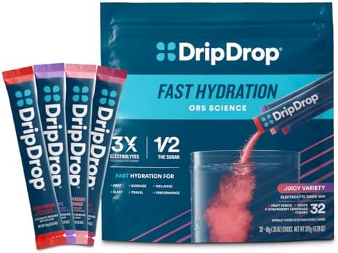Paquete de Hidratación DripDrop - Variedad Jugosa - Mezcla de Bebida en Polvo de Electrolitos de Un Solo Uso - Uva, Ponche de Frutas, Limonada de - imagen 1