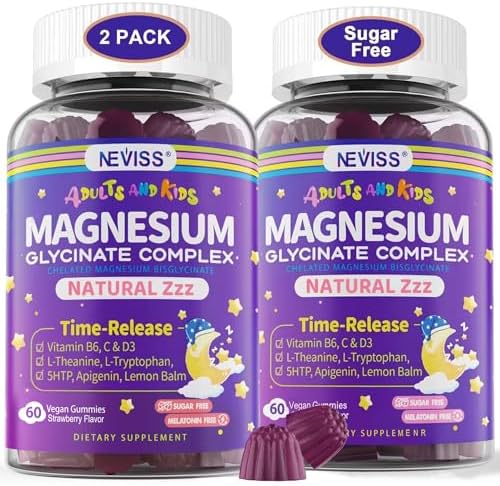 Gomitas de Magnesio Glicinato Sin Azúcar para Adultos y Niños 4+, Suplemento de Magnesio Bisglicinato 400/200mg con B6D3 y L-Theanina, 2 Paquetes - imagen 1