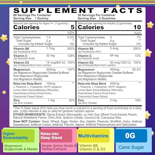 Gomitas de Magnesio Glicinato Sin Azúcar para Adultos y Niños 4+, Suplemento de Magnesio Bisglicinato 400/200mg con B6D3 y L-Theanina, 2 Paquetes - imagen 2