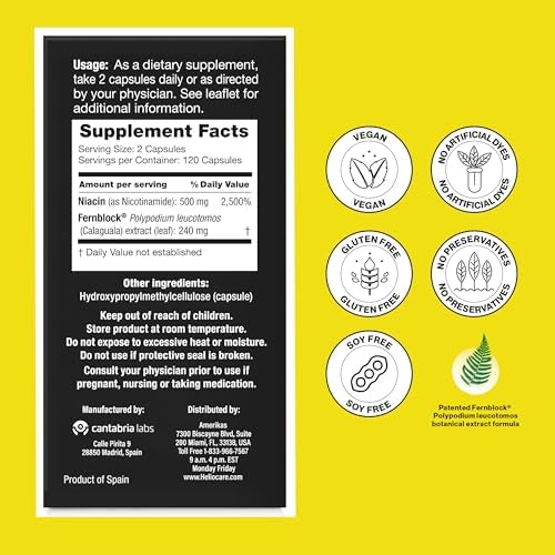 Suplemento Heliocare Advanced Niacin B3: Extracto Fernblock PLE 240mg por Porción - Apoya la Salud Celular de la Piel con Vitamina B3 Antioxidante - imagen 7