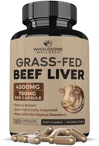 Cápsulas de Hígado de Res Deshidratado Alimentado con Pasto Wholesome Wellness (180 Píldoras, 750mg Cada Una) - Hierro Natural, Vitamina A y B12 para - imagen 1