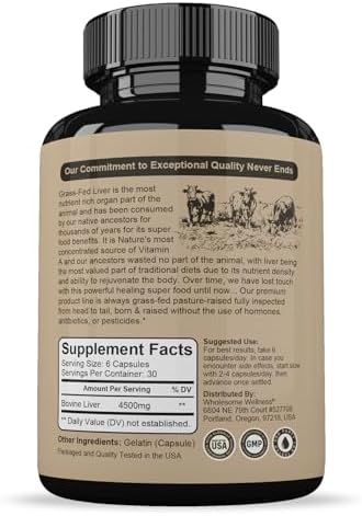 Cápsulas de Hígado de Res Deshidratado Alimentado con Pasto Wholesome Wellness (180 Píldoras, 750mg Cada Una) - Hierro Natural, Vitamina A y B12 para - imagen 2