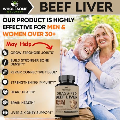 Cápsulas de Hígado de Res Deshidratado Alimentado con Pasto Wholesome Wellness (180 Píldoras, 750mg Cada Una) - Hierro Natural, Vitamina A y B12 para - imagen 3