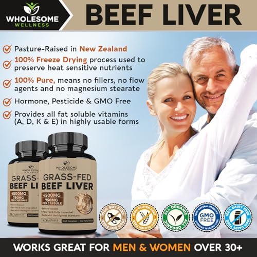 Cápsulas de Hígado de Res Deshidratado Alimentado con Pasto Wholesome Wellness (180 Píldoras, 750mg Cada Una) - Hierro Natural, Vitamina A y B12 para - imagen 5