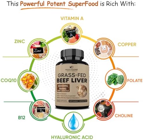 Cápsulas de Hígado de Res Deshidratado Alimentado con Pasto Wholesome Wellness (180 Píldoras, 750mg Cada Una) - Hierro Natural, Vitamina A y B12 para - imagen 6