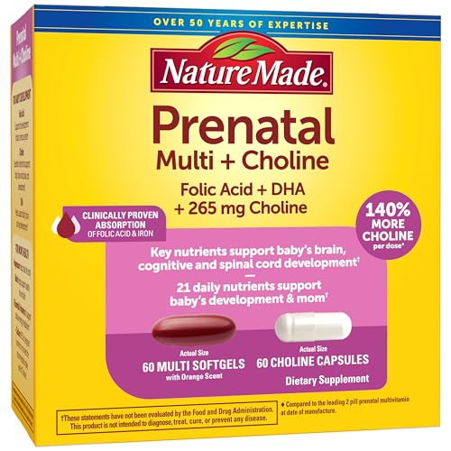 Nature Made Suplemento Prenatal en Softgels + Cápsulas de Colina, Ácido Fólico + DHA, 60 Vitaminas Prenatales para Mujeres, 60 Cápsulas de Colina, - imagen 3