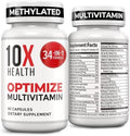 Multivitamínico Methylated 10X Health Optimize para Hombres y Mujeres - 90 Cápsulas, Fórmula 34 en 1 con 800 mcg de Vitamina B12, 5-MTHF, NAC - - imagen 1