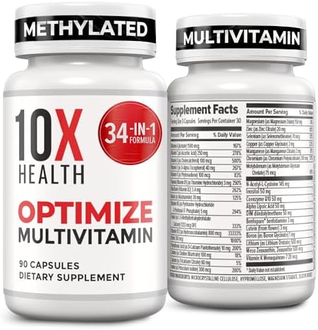 Multivitamínico Methylated 10X Health Optimize para Hombres y Mujeres - 90 Cápsulas, Fórmula 34 en 1 con 800 mcg de Vitamina B12, 5-MTHF, NAC - - imagen 1