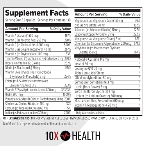 Multivitamínico Methylated 10X Health Optimize para Hombres y Mujeres - 90 Cápsulas, Fórmula 34 en 1 con 800 mcg de Vitamina B12, 5-MTHF, NAC - - imagen 7