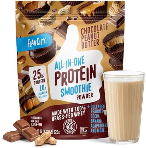 Proteína en Polvo de Suero de Leche de Pastoreo FlavCity - Chocolate con Mantequilla de Cacahuate - 25g de Proteína y 10g de Colágeno - Orgánico y - imagen 1