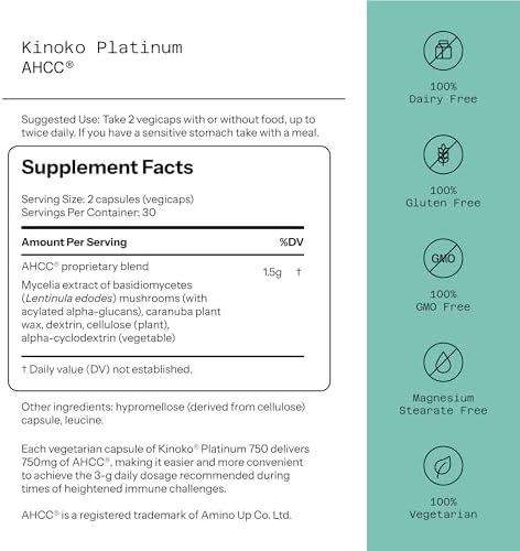 Suplemento Herbal Premium Kinoko Platinum AHCC de Calidad de Vida, 750mg por Cápsula, Apoyo Inmunológico y Función Hepática, 60 Cápsulas Veganas - imagen 2