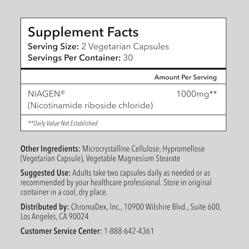 Suplemento Patente TRU NIAGEN de NAD+ para Energía Celular | Ribósido de Nicotinamida (NR) | Porciones de 30-1000mg (2x500mg, Toma 2 Diarias) - imagen 2