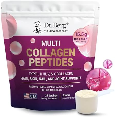 Polvo de Péptidos de Colágeno Múltiple Dr. Berg Tipos I, II, III, V, X - Colágeno Sin Sabor con 14 g de Proteína - Fuentes de Colágeno de Pastoreo y - imagen 1