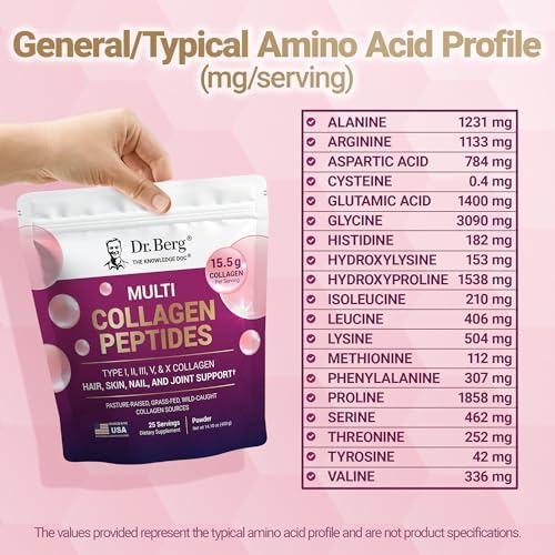 Polvo de Péptidos de Colágeno Múltiple Dr. Berg Tipos I, II, III, V, X - Colágeno Sin Sabor con 14 g de Proteína - Fuentes de Colágeno de Pastoreo y - imagen 6
