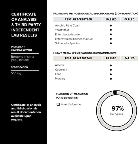 Toniiq Berberina HCl Ultra Alta Potencia Certificada NSF - Extracto Concentrado 100:1 - 90 Cápsulas Vegetarianas de 500 mg, 97% Berberina HCl - imagen 7