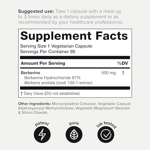 Toniiq Berberina HCl Ultra Alta Potencia Certificada NSF - Extracto Concentrado 100:1 - 90 Cápsulas Vegetarianas de 500 mg, 97% Berberina HCl - imagen 8
