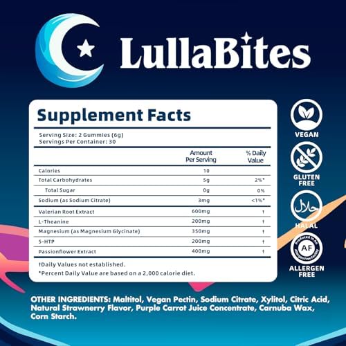 LullaBites - Gomas Naturales para Dormir - Hechas en EE. UU. - Con 5-HTP, L-Teanina, Magnesio y Raíz de Valeriana - Sin Melatonina - Veganas - Halal - imagen 5