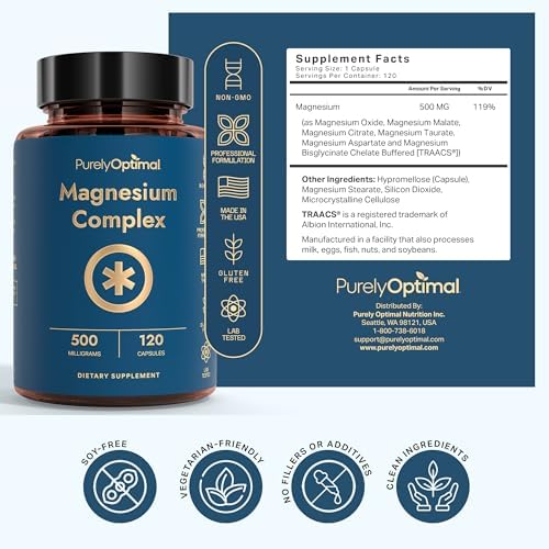 Complejo de Magnesio Purely Optimal - 6 Formas de Magnesio Glycinate, Citrato y Malato - Apoyo para el Sueño, Alivio del Estrés, Salud Muscular y - imagen 7
