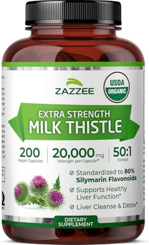 Zazzee Extracto de Cardo Mariano Orgánico USDA 50:1, 80% Flavonoides de Silymarina, 200 Cápsulas Veganas, Soporte Hepático y Detox, Hecho en EE. UU. - imagen 1