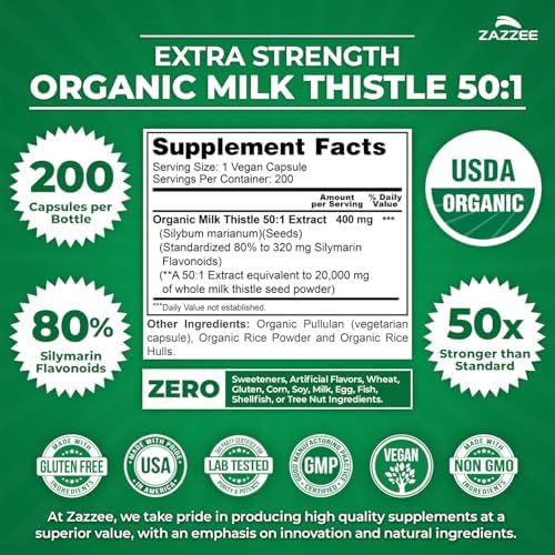 Zazzee Extracto de Cardo Mariano Orgánico USDA 50:1, 80% Flavonoides de Silymarina, 200 Cápsulas Veganas, Soporte Hepático y Detox, Hecho en EE. UU. - imagen 3