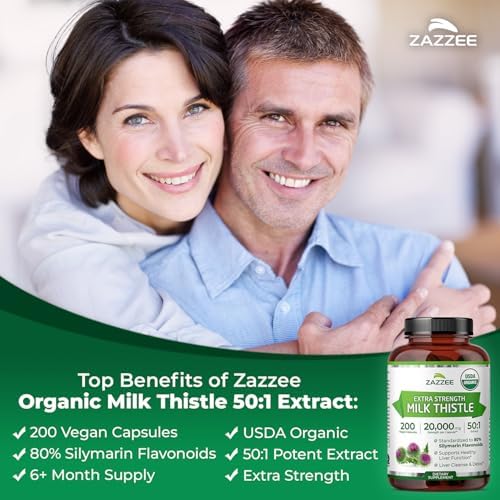 Zazzee Extracto de Cardo Mariano Orgánico USDA 50:1, 80% Flavonoides de Silymarina, 200 Cápsulas Veganas, Soporte Hepático y Detox, Hecho en EE. UU. - imagen 4