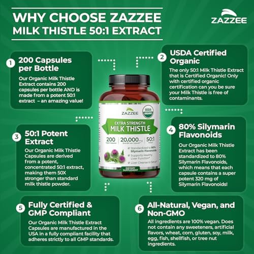Zazzee Extracto de Cardo Mariano Orgánico USDA 50:1, 80% Flavonoides de Silymarina, 200 Cápsulas Veganas, Soporte Hepático y Detox, Hecho en EE. UU. - imagen 7