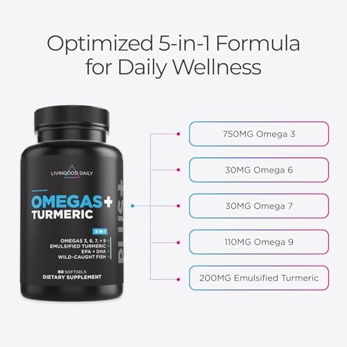 Suplemento Livingood Daily Omega 3 6 9 con Cúrcuma y Curcumina, 60 Cápsulas Blandas - Aceite de Pescado Omega 3 para Hombres y Mujeres - Salud - imagen 5